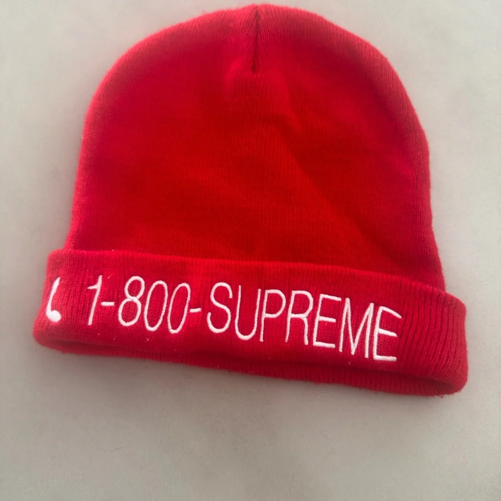 Supreme Red Kids Beanie with White 1-800-SUPREME Embroidery